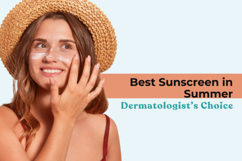 Smiling woman in a straw hat applying sunscreen on her face with text overlay “Best Sunscreen in Summer – Dermatologist’s Choice”
