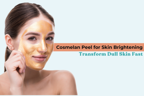 Woman applying golden Cosmelan Peel mask for skin brightening and glowing complexion.