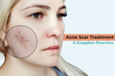Woman with visible acne scars on her cheek highlighted in a zoomed-in circle, representing Acne Scar Treatment overview.