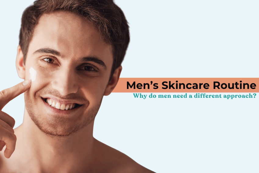 Smiling man applying skincare cream on his cheek with text saying “Men’s Skincare Routine – Why do men need a different approach?